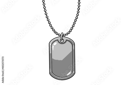 Dog tag necklace illustration, military ID tag artwork, metal chain pendant design, army accessory drawing, silver identification decor, soldier style graphic
