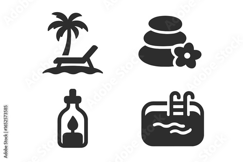 Luxury Island Resort Vector Icons Collection. Relaxation Beach Lounger, Palm Tree, Spa Stones, Massage Oil Bottle, Swimming Pool. Wellness, Leisure, Relax, Travel, Holiday, Black Silhouette Set