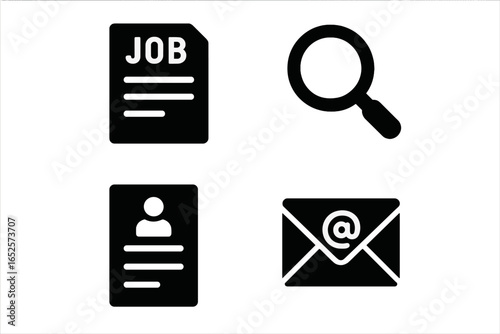 Job search process solid icon set. Filled business icons for recruitment, job listing, magnifying glass search, application form, resume, email contact. Vector isolated illustration
