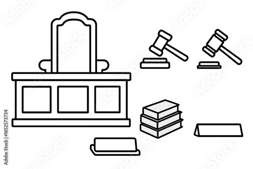 Outline Judicial Icon Set Featuring Unoccupied Judge’s Bench, Chair, Court Desk, Gavel, Stack of Law Books, Nameplate, Legal Items, Courtroom Symbols Vector Illustration
