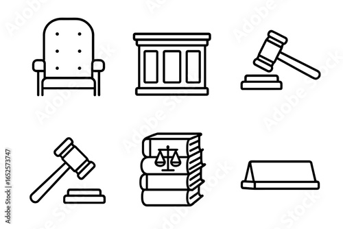 Judicial Icons Set Outline Collection with Judge Bench, Courtroom Chair, Gavel, Law Books Stack, Legal Nameplate, Tribunal Desk, Justice Symbols for Legal and Courtroom Design