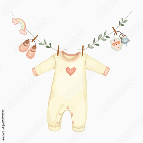 Baby clothes and ballet slippers hanging on a clothesline isolated on white background