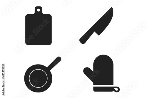 Solid kitchen utensils icon set including cutting board, chef knife, frying pan, oven mitt, essential cookware, modern simple vector illustration for cooking, baking, restaurant, food prep