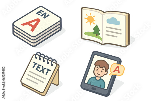 Isometric Language Learning Icons Set. English Flashcards, Illustrated Book, Notepad, Mobile App, Vocabulary, Education Tools, Communication, E-Learning, Study Material, Vector Illustration