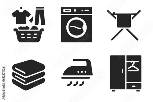Laundry Process Icons Set. Solid Laundry Workflow Symbols: Sorting Clothes, Washing Machine, Drying Rack, Folded Towels, Ironing, Wardrobe Storage. Household Chores Vector Illustration
