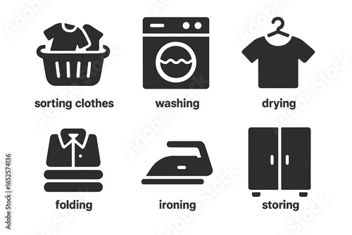 Laundry Process Workflow Icons Set. Sorting Clothes, Washing Machine, Drying, Folding, Ironing, Storing. Solid Black Vector Laundry Symbols for House Chores and Cleaning Tasks
