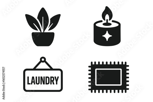Modern Laundry Room Decor Icons Vector Set. Potted Houseplant, Scented Candle, Laundry Room Sign, Small Rug. Home Comfort Accessories, Minimalist Black Solid Symbols, Interior Design Clipart
