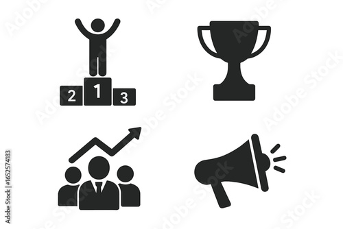 Leadership and Success Icons Set. Business podium winner, trophy, achievement, rising arrow, teamwork, team leader, megaphone, growth, motivation, business success, vector illustration isolated