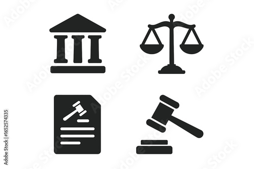 Legal icon set. Court building, courthouse, pillars, scales of justice, gavel, law document, legal contract, law paper, vector symbols. Justice, law firm, lawyer, attorney, legal services