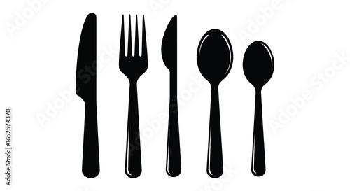 Black Silhouette of Cutlery Set Knife Fork Spoon and Teaspoon on White