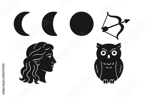 Ancient Greek Lunar Mythology Symbols Icon Set. Phases of Moon, Goddess Selene Portrait, Silver Bow and Arrow, Wise Night Owl. Black Silhouette Vector Illustration on Transparent Background