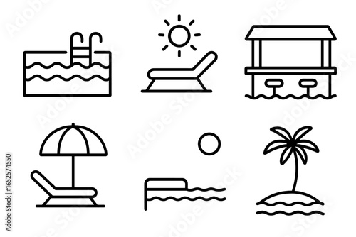 Luxury resort outline icons set. Paradise vacation symbols with infinity pool, sun lounger, swim-up bar, pool umbrella, tropical beach, island and palm, summer tourism vector illustration