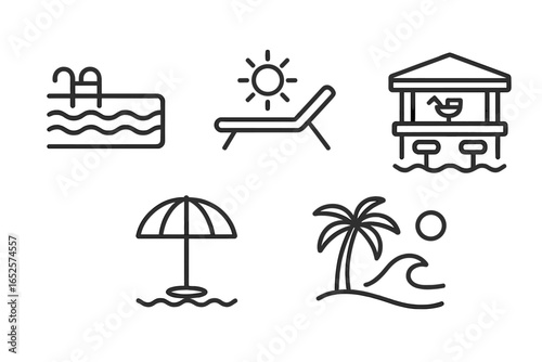 Luxury Resort Icons Vector Set. Outline Infinity Pool, Sun Lounger, Swim-Up Bar, Pool Umbrella, Tropical Beach, Palm, Summer Vacation, Travel Leisure, Paradise Hotel, Relaxation, Holiday Elements