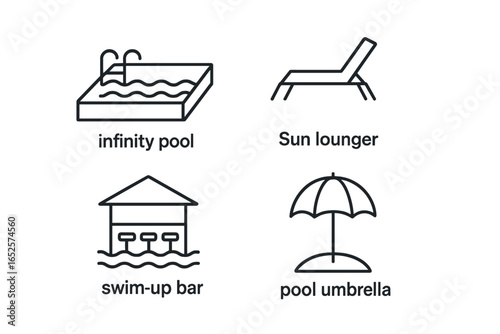 Luxury Resort Vacation Outline Icons Set. Infinity Pool, Sun Lounger, Swim-Up Bar, Pool Umbrella, Beach Relaxation, Summer Holidays, Tropical Paradise, Outdoor Leisure, Minimal Vector Illustration