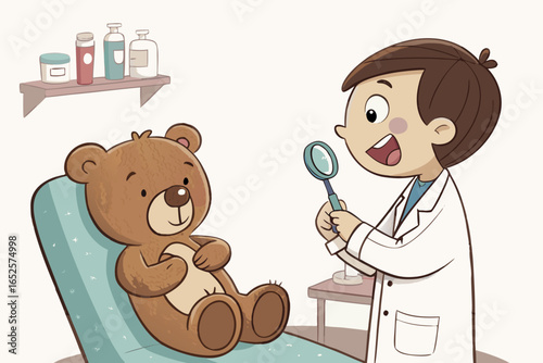 Boy in white dentist coat looking at teddy bear in chair, holding toy dental mirror