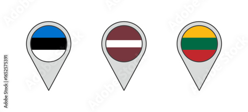 Vector illustration of geolocation pins featuring the flags of the Baltic states: Estonia, Latvia, and Lithuania.