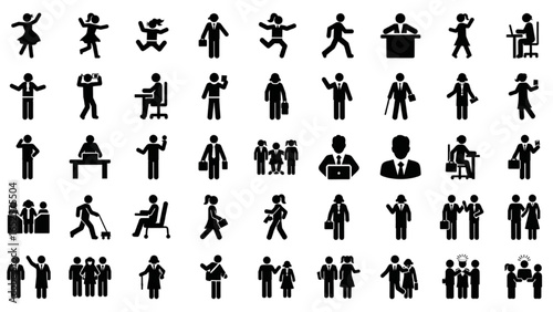 People Silhouette Vector Set – Dancing, Jumping, Walking, Business, Casual, and Group Poses – Diverse Human Figures, Men and Women, Black Outline Illustration
