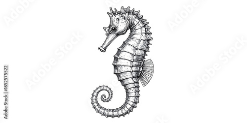 Black and white drawing of a seahorse
