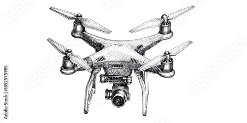 Black and white drawing of a drone with a camera attached.