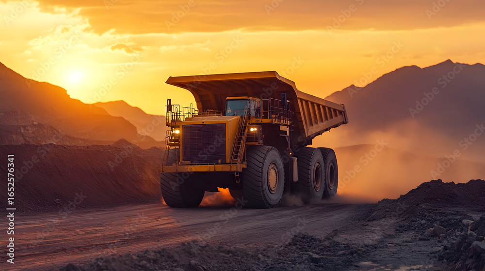 Fototapeta premium Heavy duty mining dump truck on dusty road at sunset