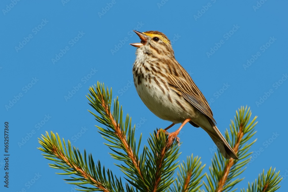 Fototapeta premium Songbird perched among pine branches in a treetop