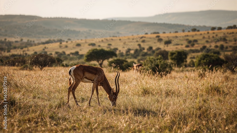 Naklejka premium Group of antelopes feeding in a wild habitat