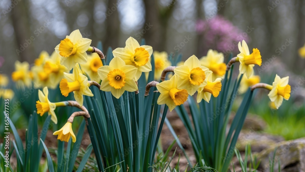 Fototapeta premium A vibrant display of daffodils in full bloom in a lush setting