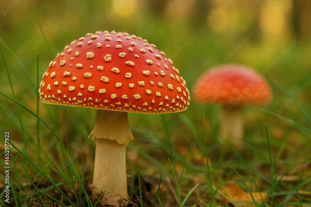 Obraz premium Mushrooms with hallucinogenic properties emerge from forest terrain, highlighting cap details