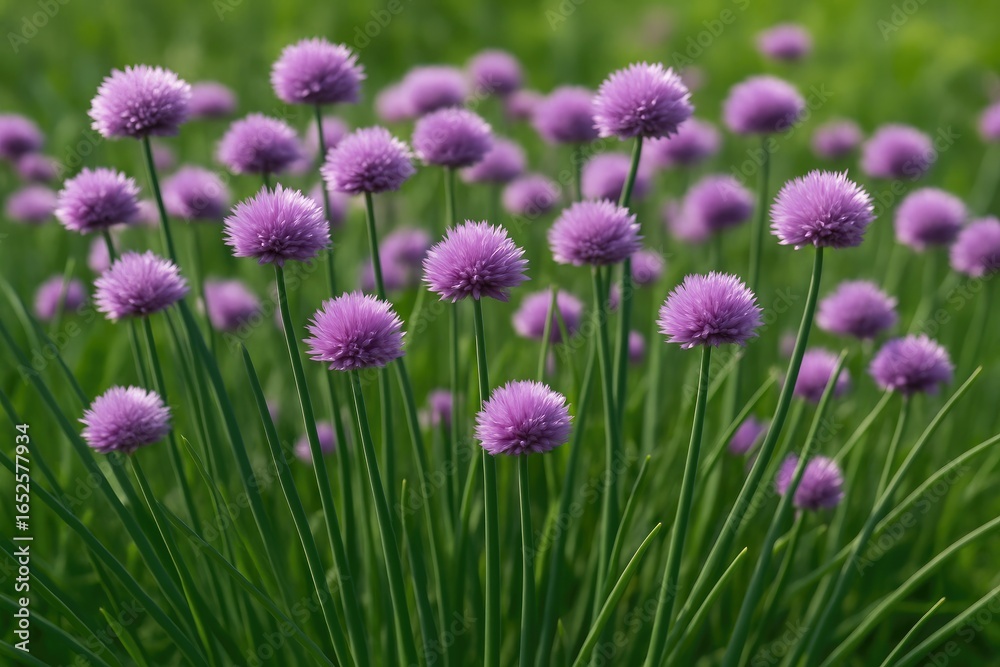 Obraz premium Green onions displaying violet blossoms