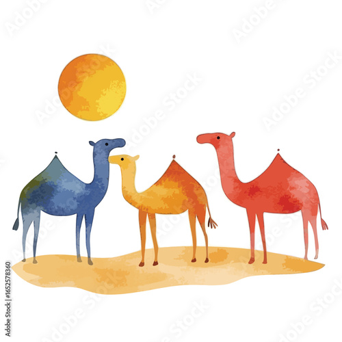 Colorful watercolor camels under a bright sun in a desert landscape
