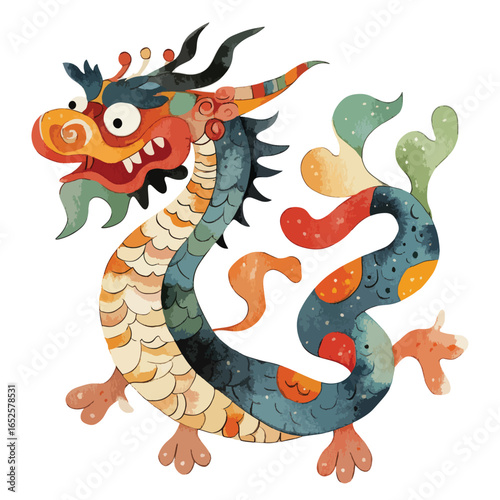 Colorful Watercolor Dragon with Detailed Scales and Unique Winglike Appendages