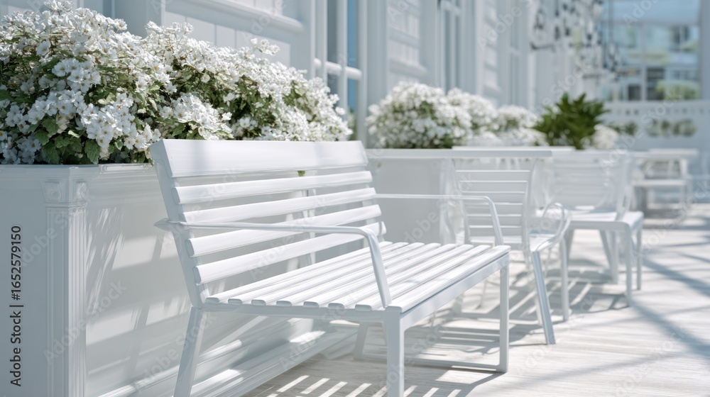 Fototapeta premium Realistic stock photo of 'outdoor furniture' scene using white tones, conveying a cheerful mood, tailored for Educators and institutions.