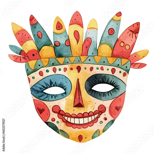 Colorful Watercolor Mask with Feathered Headdress and Smiling Expression