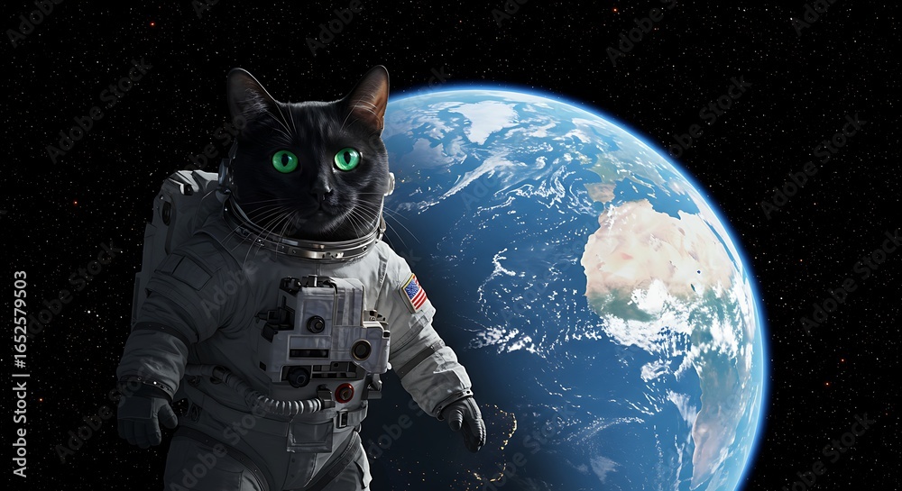 Naklejka premium Cat Astronaut Floating in Space Above Earth Captivating Surreal Scene
