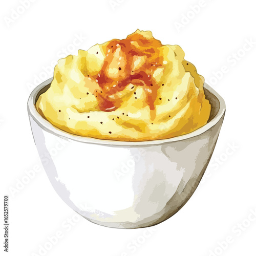Creamy mashed potatoes with savory gravy in a white ceramic bowl