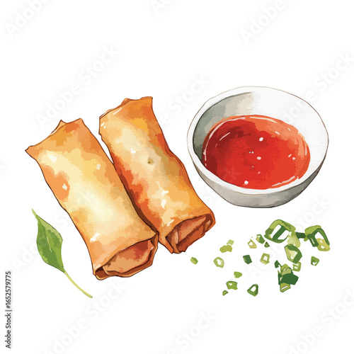 Crispy golden spring rolls with vibrant red dipping sauce and green onions
