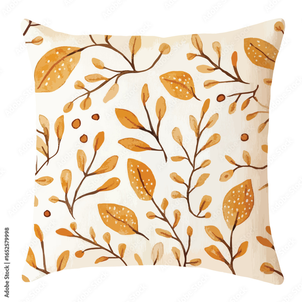 Fototapeta premium Decorative Pillow with Autumnal Leaf and Branch Pattern in Warm Tones