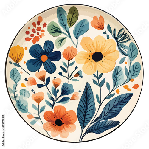Decorative Floral Plate with Watercolor Flowers and Foliage Arrangement