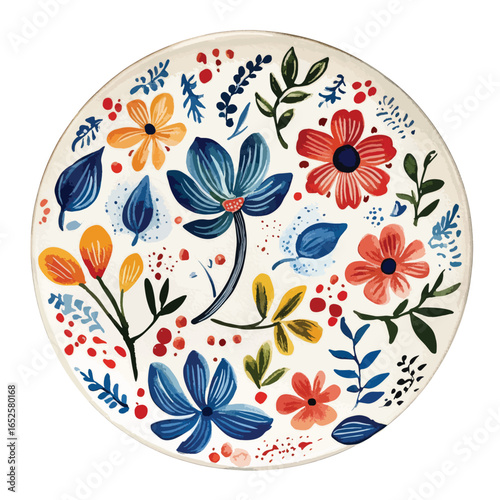 Decorative Plate with HandPainted Floral and Botanical Motifs in Vibrant Colors
