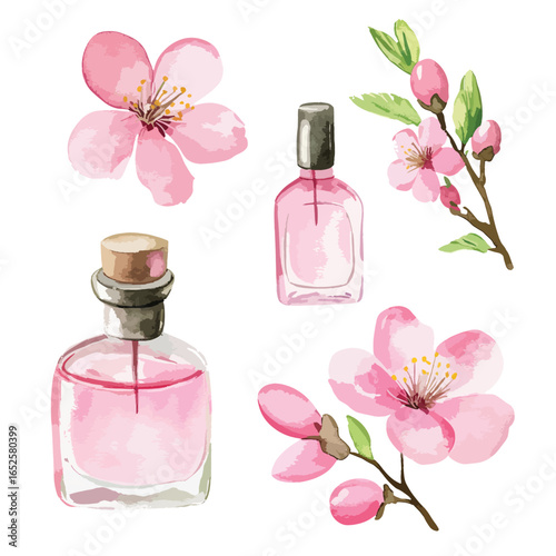 Delicate Pink Floral and Perfume Illustration Set