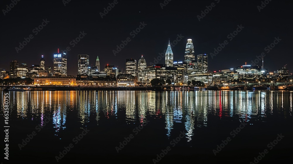 Fototapeta premium Night view of a metropolitan skyline by a river with shimmering water reflections