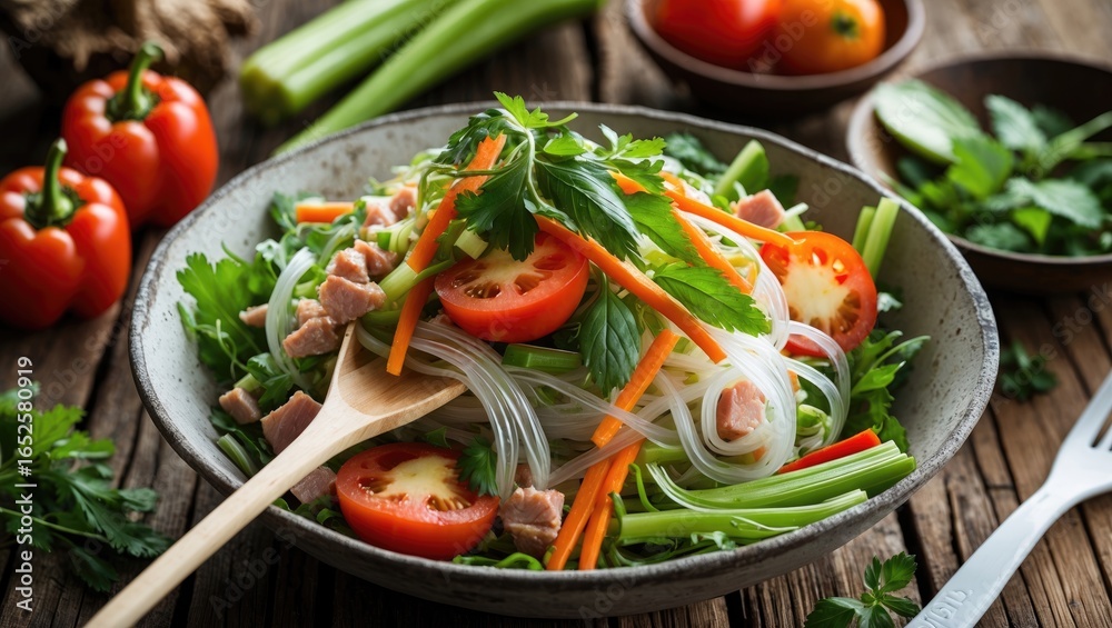 Spicy noodle and vegetable salad with pork and fresh herbs Spicy noodle and vegetable salad with pork and fresh herbs