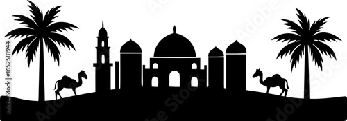 Arabian night scene with camels and palms silhouette