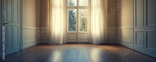 Sunlit empty room, hardwood floor, French doors, garden view, real estate