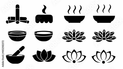 Collection of spa and wellness icons including incense candle bowls and lotus flowers in black and white style |  editable eps vectors silhouette