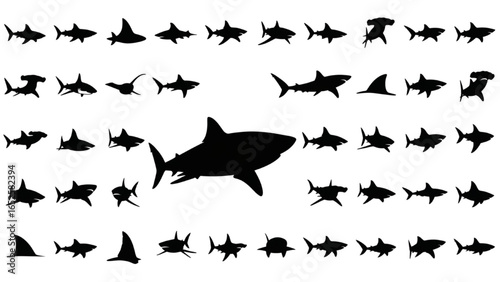 Shark Silhouette Vector Set – Fins, Hammerhead, and Great White Sharks – Aquatic, Marine Life, Predator, and Ocean Wildlife Vector Animals
