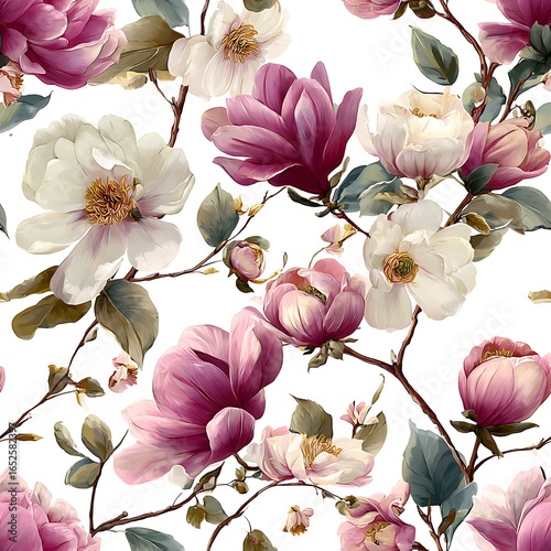 Rich floral seamless pattern with magnolias and peonies in pink and white peony