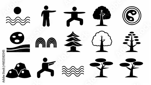 Collection of nature and wellness icons including trees, water, people in poses, and yin yang symbol |  editable eps vectors silhouette