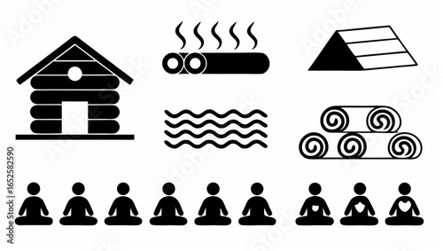 Illustration of a sauna with logs, water, towels, tent and people meditating with hearts shown |  editable eps vectors silhouette