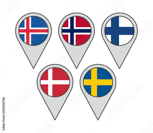Vector illustration of geolocation pins displaying the flags of the Nordic countries: Iceland, Norway, Sweden, Denmark, and Finland.